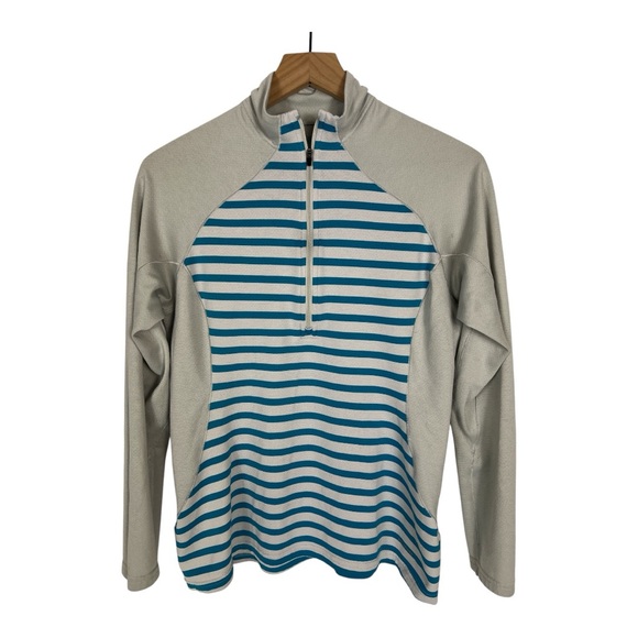 Patagonia Sz M Capilene3 Top Quarter Zip Blue and Gray Stripe Long Sleeve - Picture 1 of 9